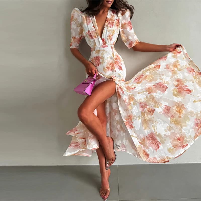 Robe longue florale pour femme, col en V profond, manches bouffantes, taille ajustée, boutons diagon