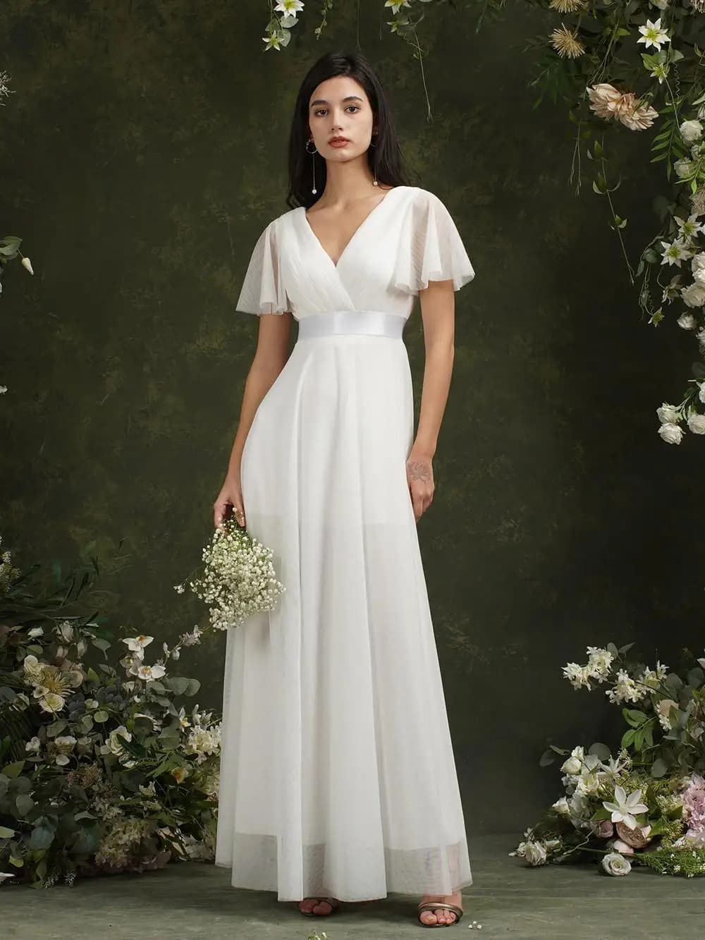 Robes de mariée blanches élégantes avec manches, col en v, dos nu, manches courtes transparentes, li