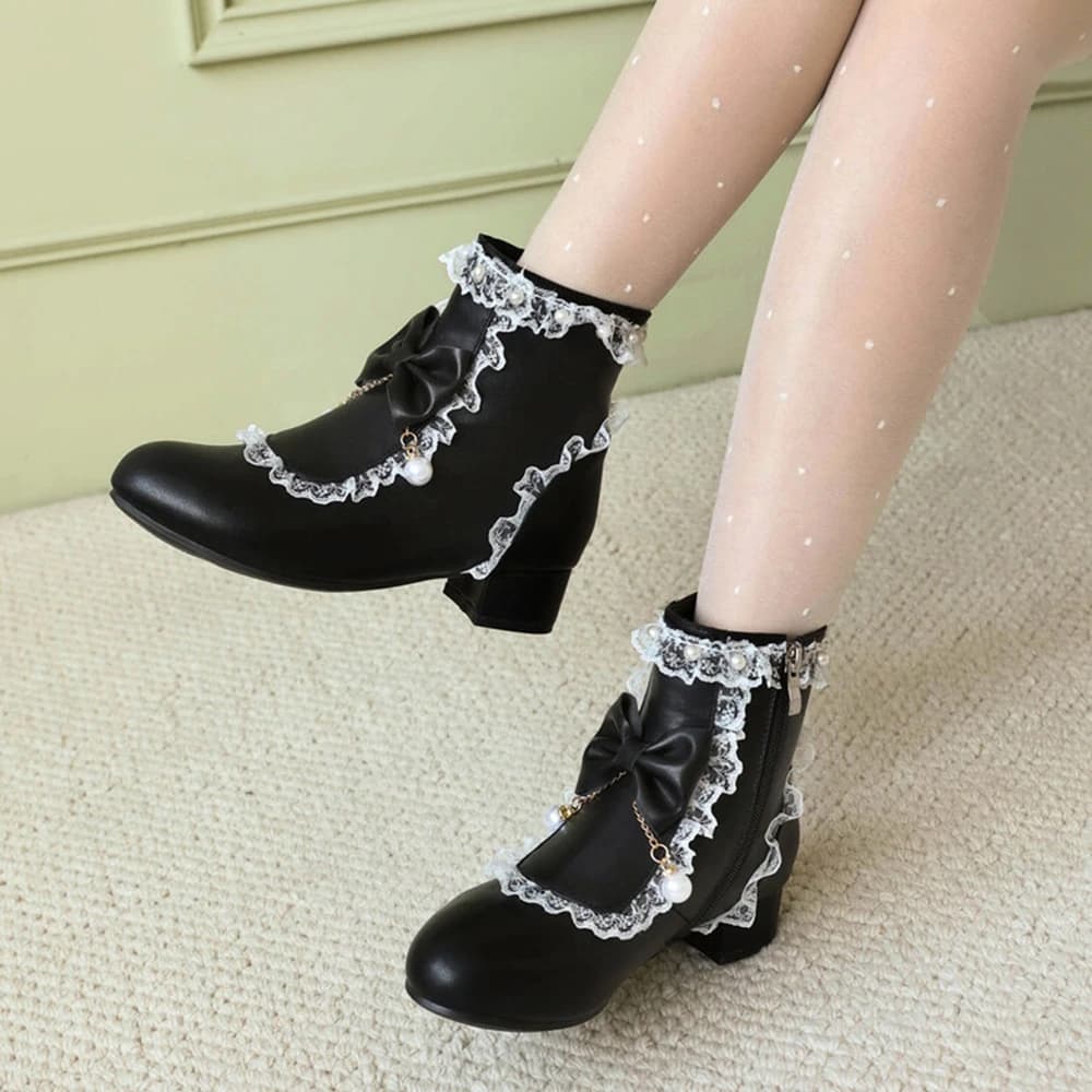 Bottines femmes mode Kawaii Bow Lolita talon épais rétro Cheongsam robe chaussures de mariée dentell