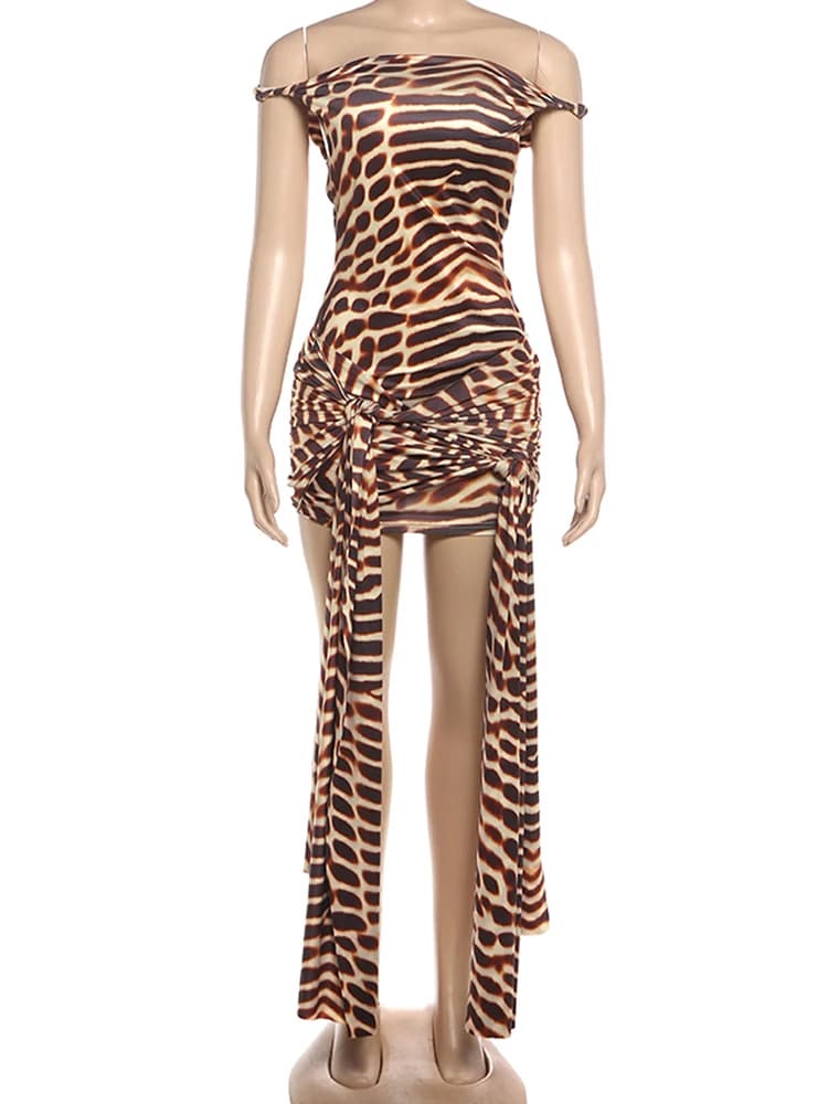 Robe imprimée à rayures tigre pour femmes, col Slash, bandes, glands, plis, Sexy, plage, fête, coque