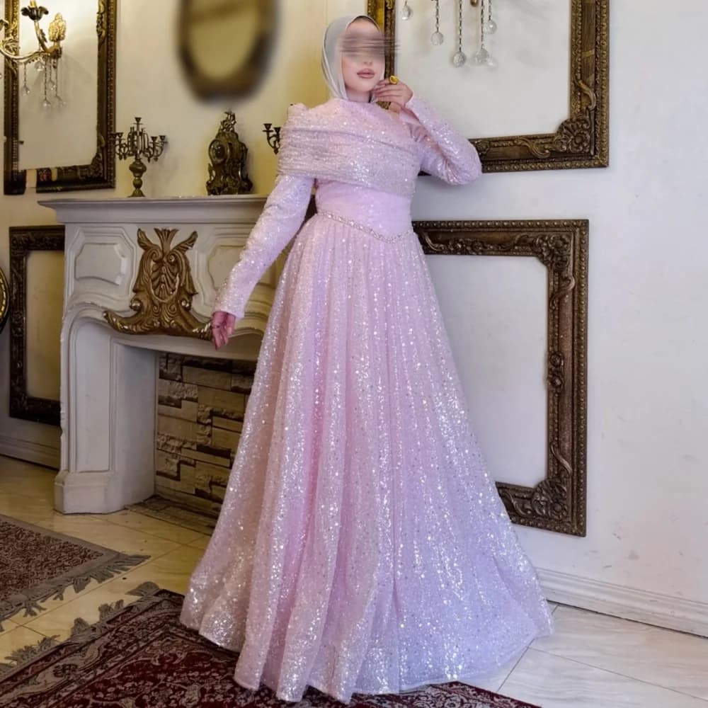 Robe de soirée de luxe personnalisée à manches longues, robe longue plissée à sequins, robe élégante