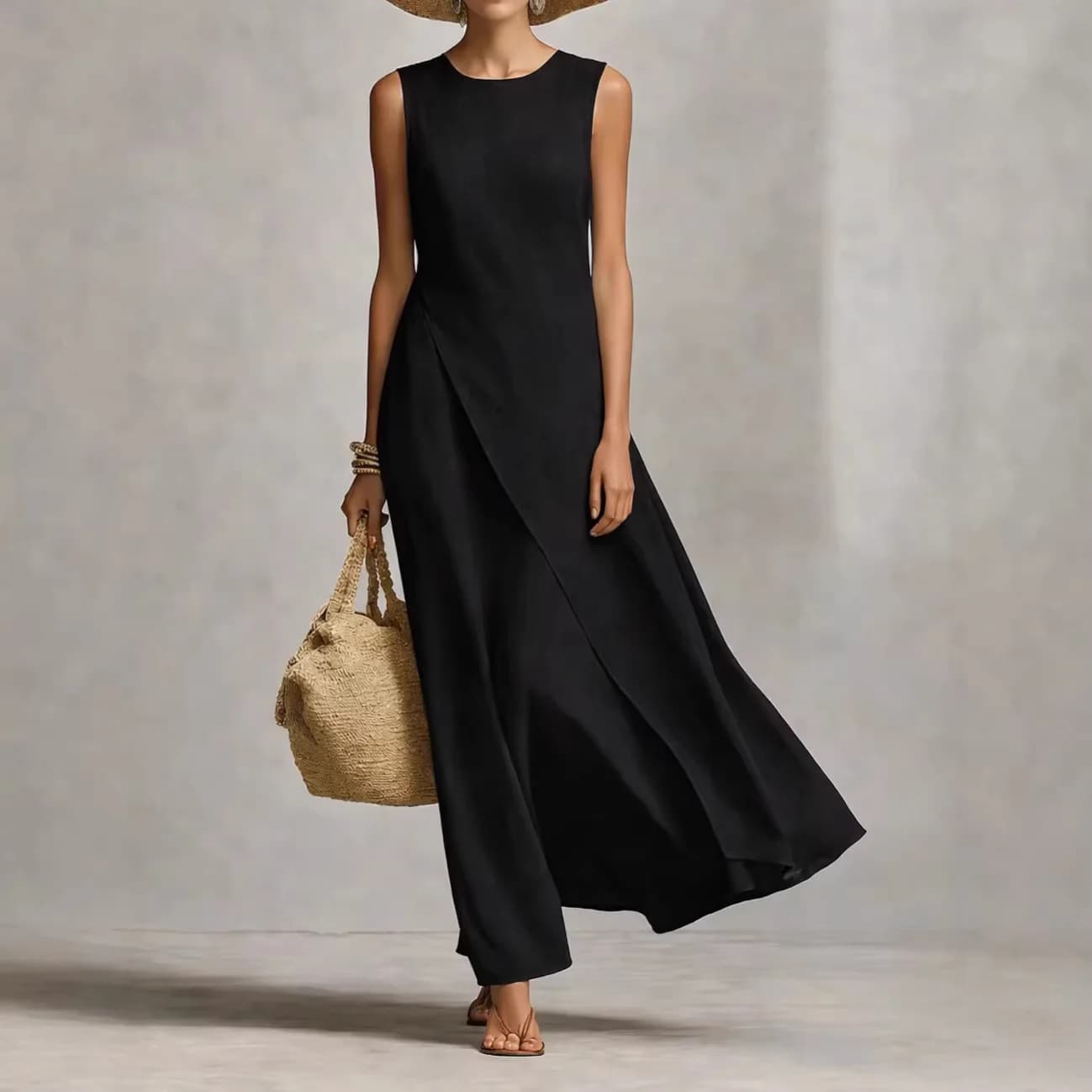 Robe longue élégante pour femme, col rond, été, unie, ourlet asymétrique, coupe trapèze, nouvelle co