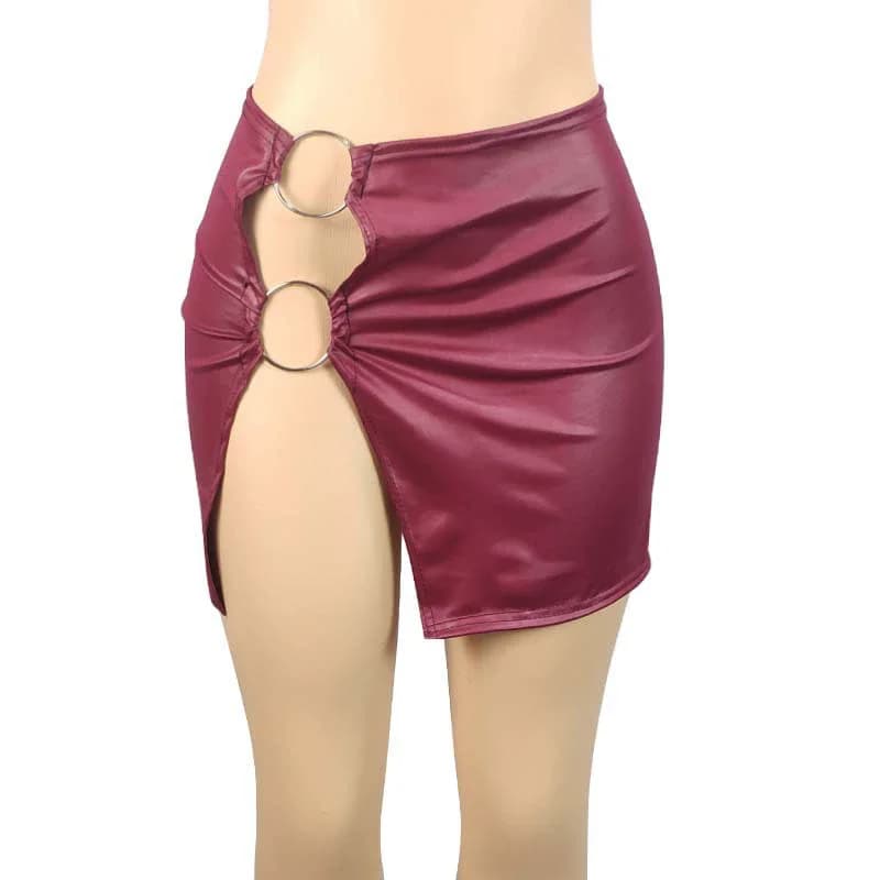 Mini-jupe moulante vintage en similicuir PU avec anneau métallique et fente latérale, taille haute, 