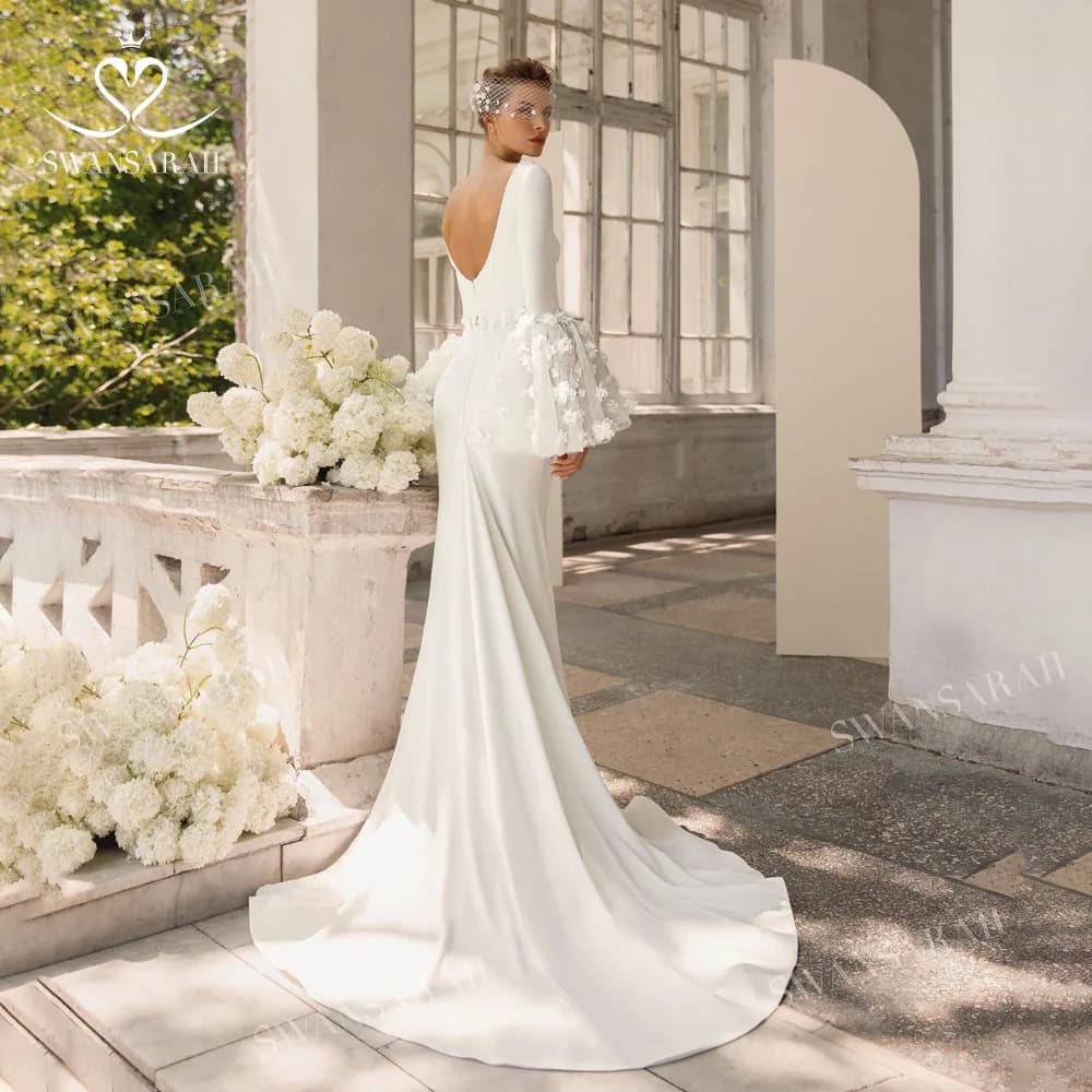 Robe de mariée longue à manches longues 2026 en satin, col en V, appliques, style sirène, personnali