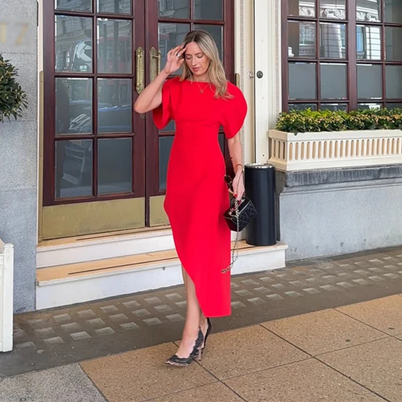 Nouvelle Robe de Soirée Élégante Rouge Asymétrique pour Femme, Coupe Slim, Ourlet Incliné Irrégulier