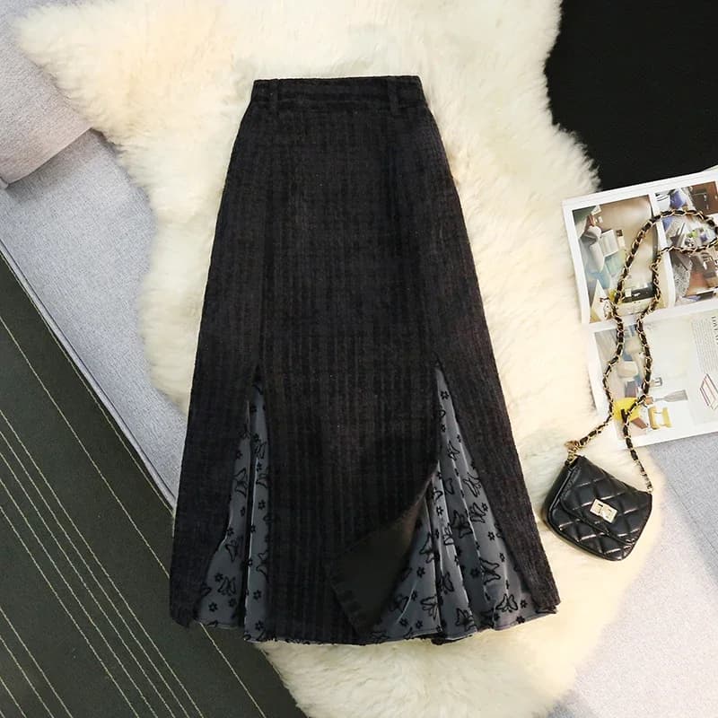 Jupe mi-longue noire papillon pour femme, jupe longue taille haute, amincissante et couvrant les han