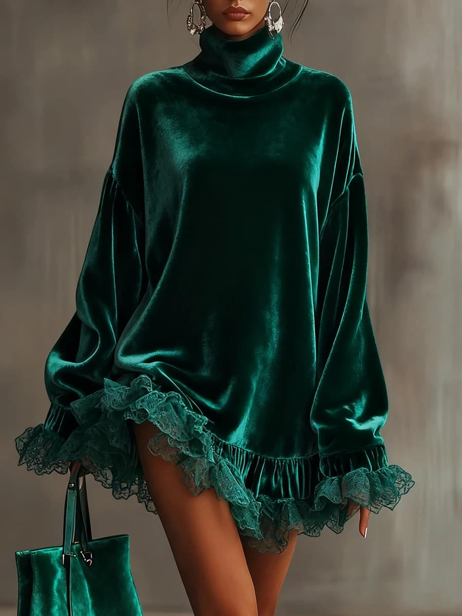 Robe en velours à col roulé pour femme, style vintage, avec dentelle à volants, manches longues, déc