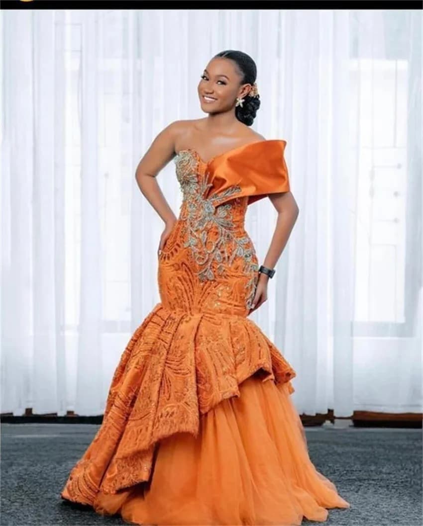 Robes de bal longues orange pour filles noires, robes de soirée perlées à col cœur, robes de soirée 