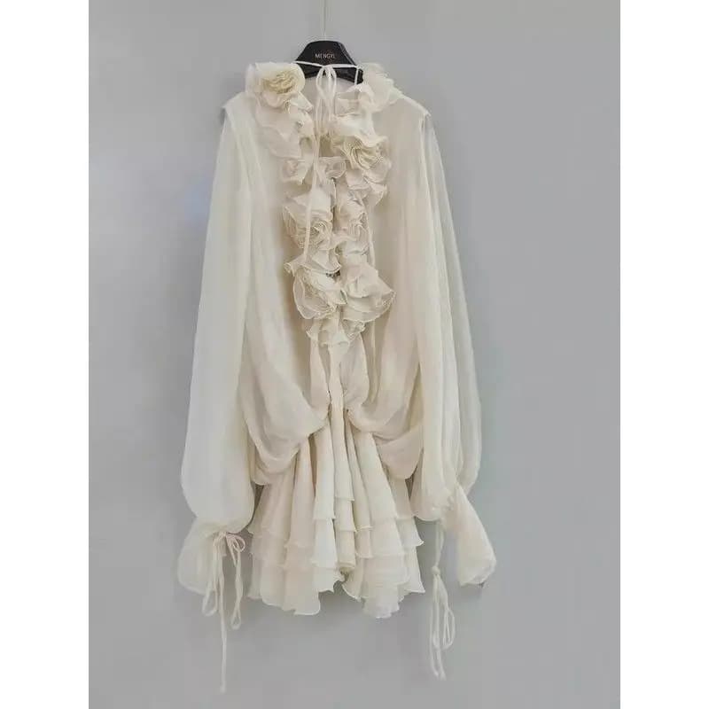 Nouvelle Collection Été : Robe Blouse en Chiffon à Fleurs 3D Style Gâteau, Élégance Française, Nouve
