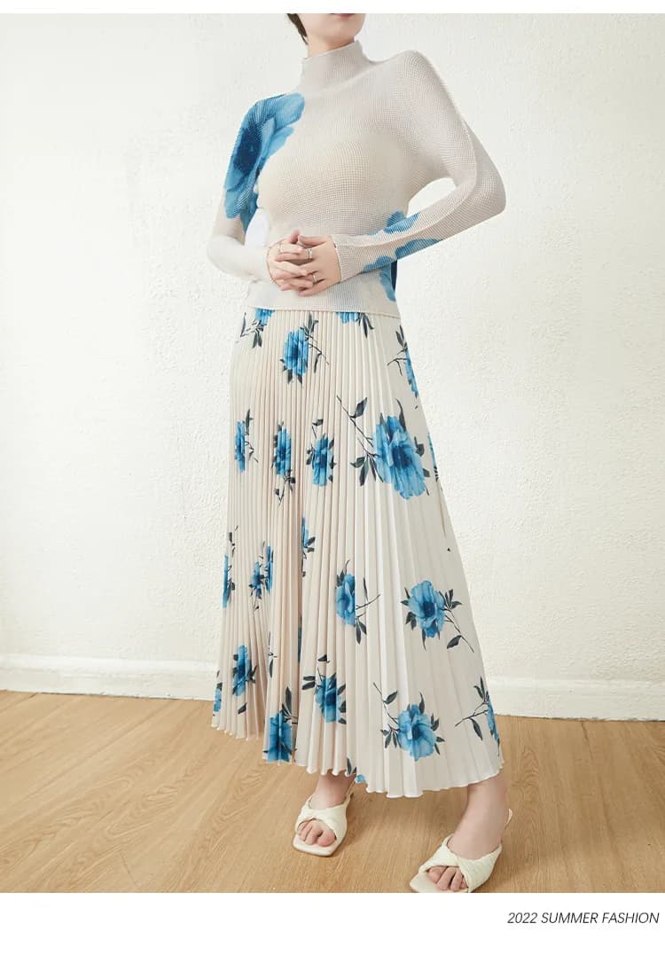 Ensemble deux pièces pour femmes, haut à manches longues plissé à fleurs et jupe taille haute, mode 