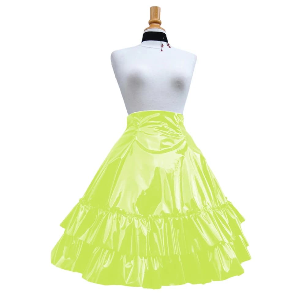 Jupe plissée en cuir PVC brillant vintage, jupe à volants à 2 niveaux, forme ronde douce, longue tro