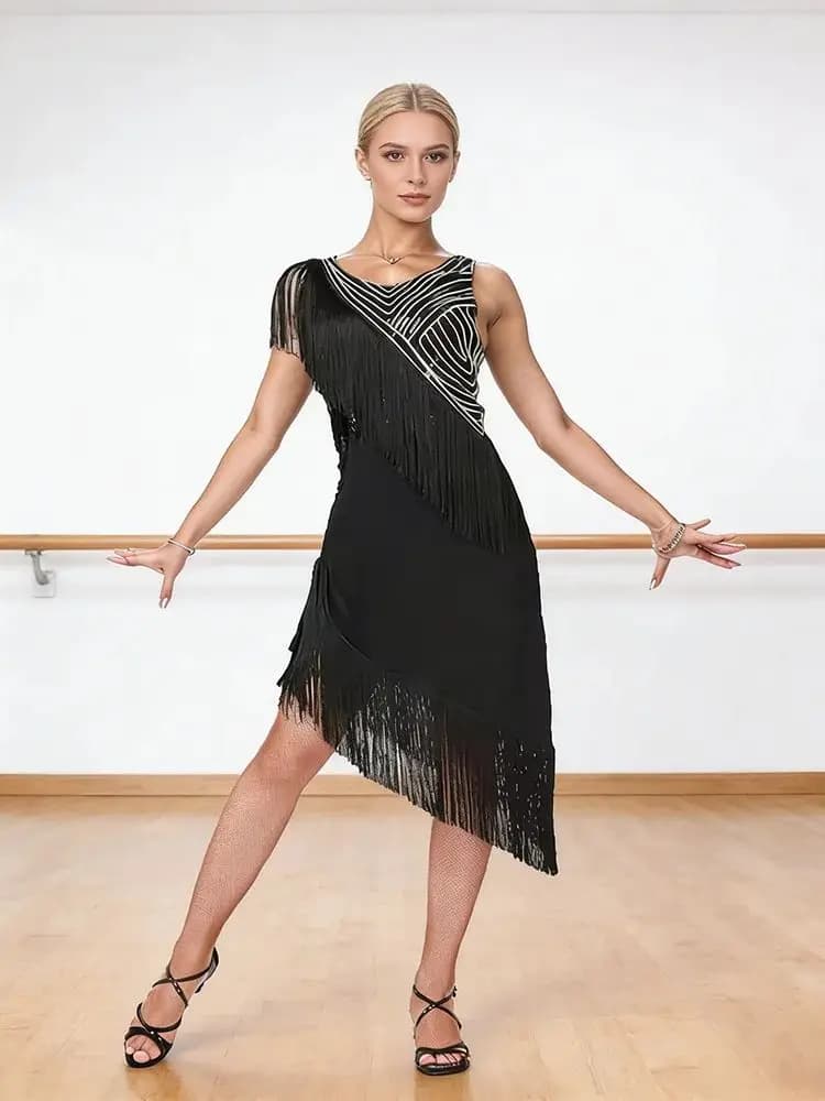 Robe de danse latine asymétrique à franges pour femmes, costume de danse de salon à sequins