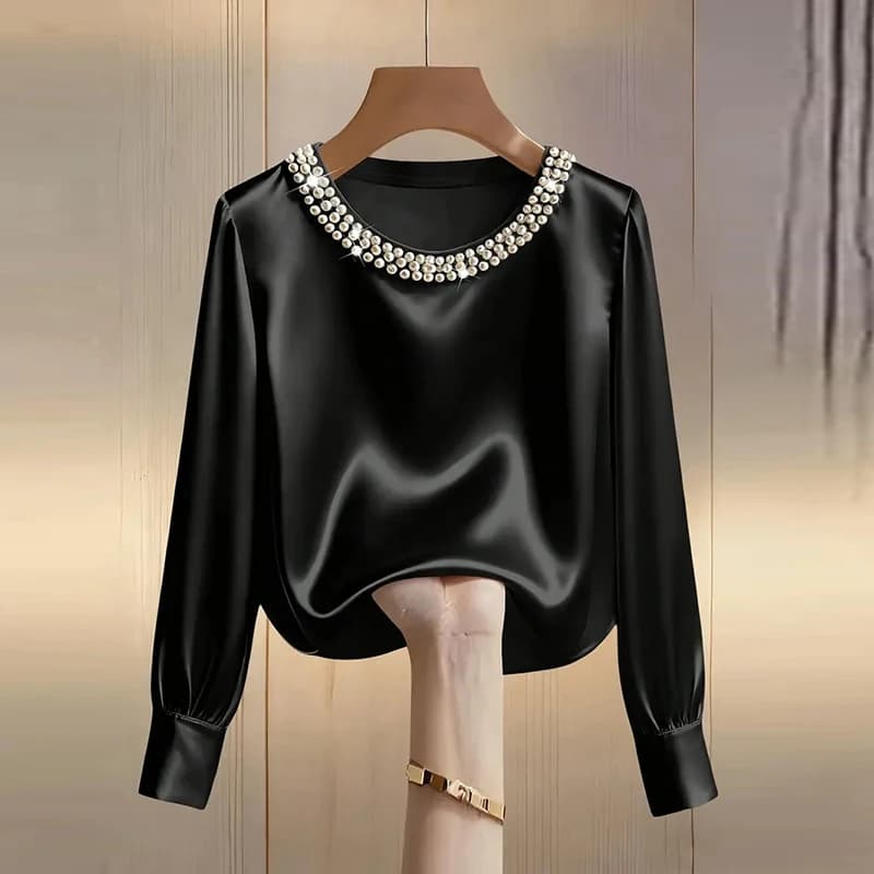 Chemise en Satin élégante pour femmes, Design de perles, manches longues, chemisier en soie, mode co