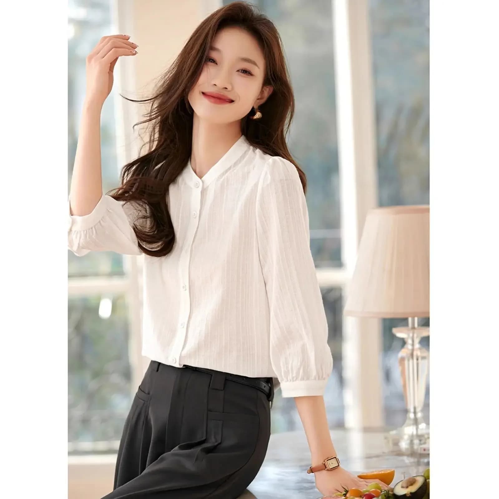 Chemise et chemisier amples boutonné pour femmes, Style fin, hauts féminins, moderne, Long, basique,