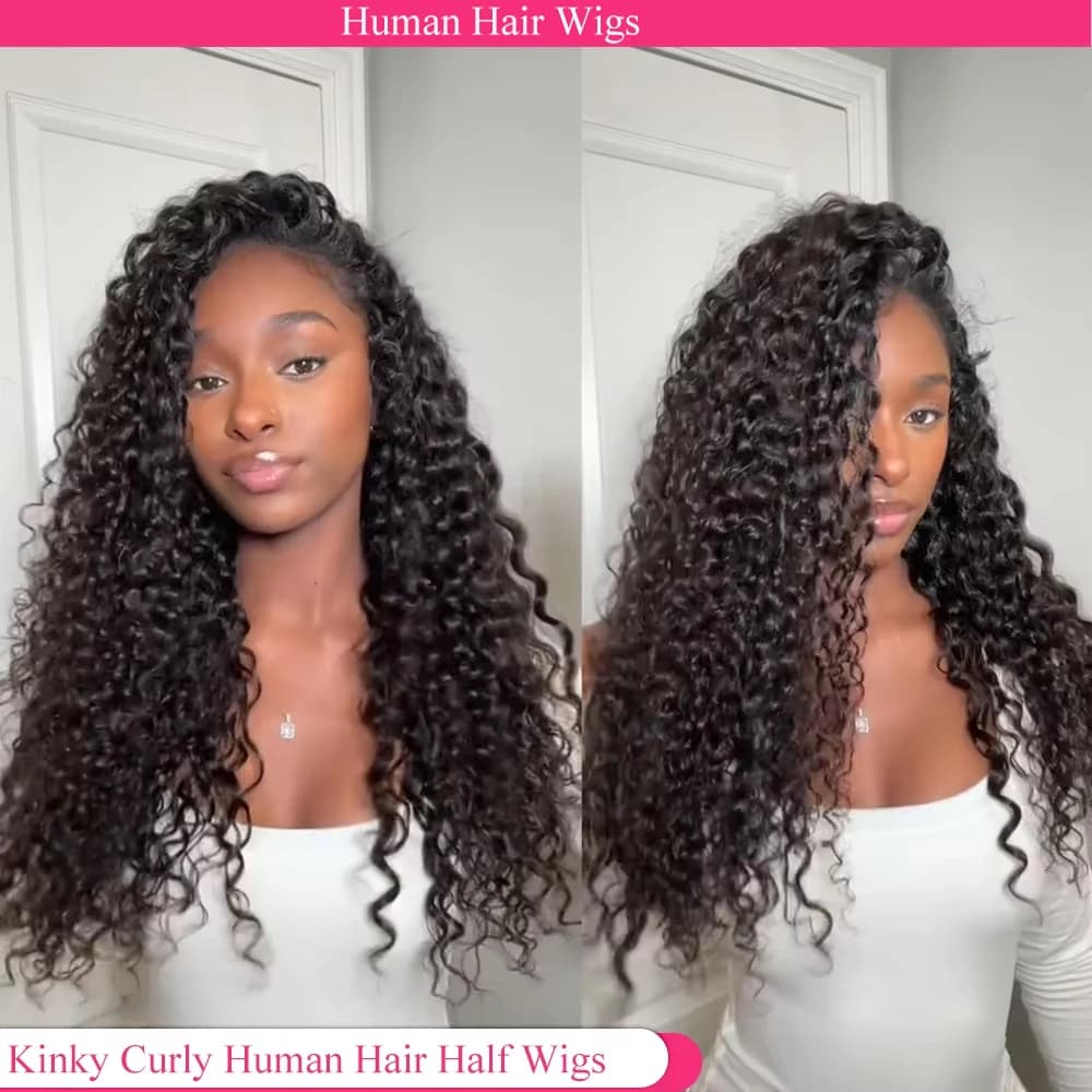 Demi-perruque cheveux humains crépus bouclés sans colle perruque cheveux humains prêt à porter 3 en 