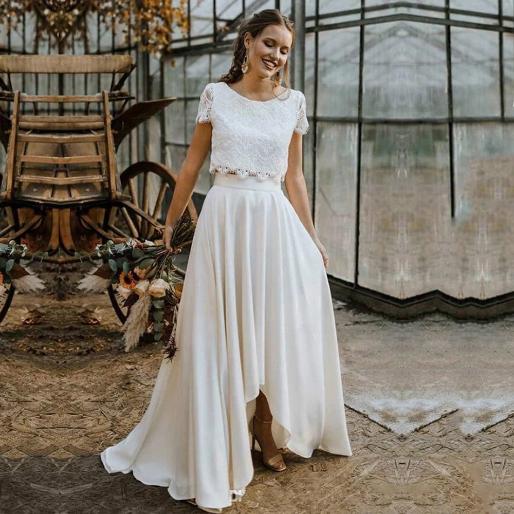 Magnifique robe de mariée deux pièces bohème, haut en dentelle, manches courtes, robe de patients, c