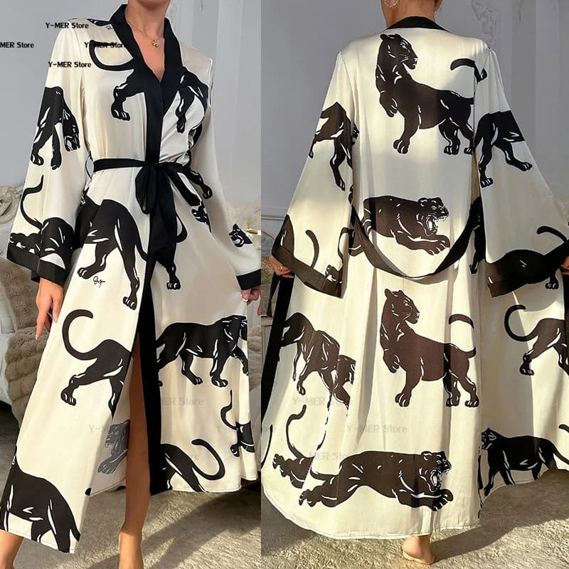 Mode imprimé léopard Robe longue Peignoir femmes Satin douche Peignoir Robe longue Homewear Lingerie