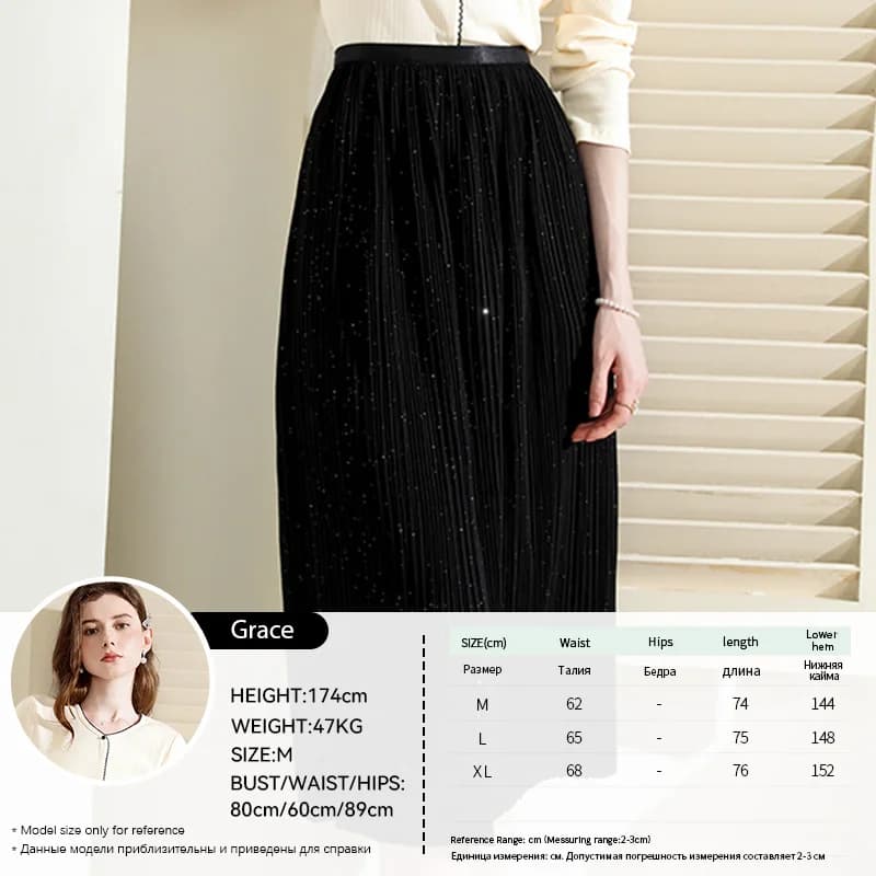 Je vous crois noir paillettes plissé a-ligne jupe 2025 automne élastique taille haute jupes rétro tr