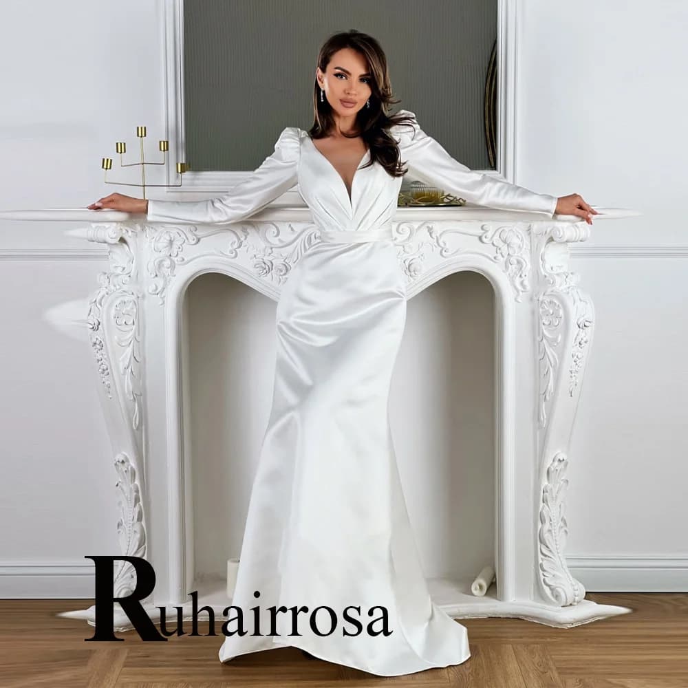 Ruhair Chic robe De mariée pour les femmes col en v sirène manches bouffantes Satin laçage balayage 