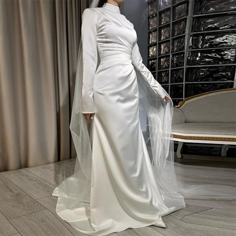 Robe de Soirée Sirène Arabe Élégante à Manches sulf, Tenue de Bal à Plis, pour Occasions Formelles, 