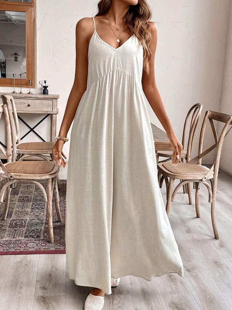 Robe longue décontractée en coton et lin de couleur unie pour femmes européennes et américaines, ave