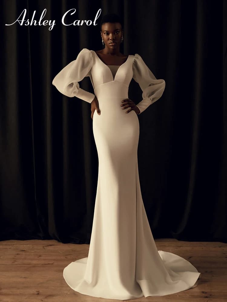 Ashley Carol-Robes de mariée sirène pour femmes, robe de mariée sexy, manches longues, col en V, dos