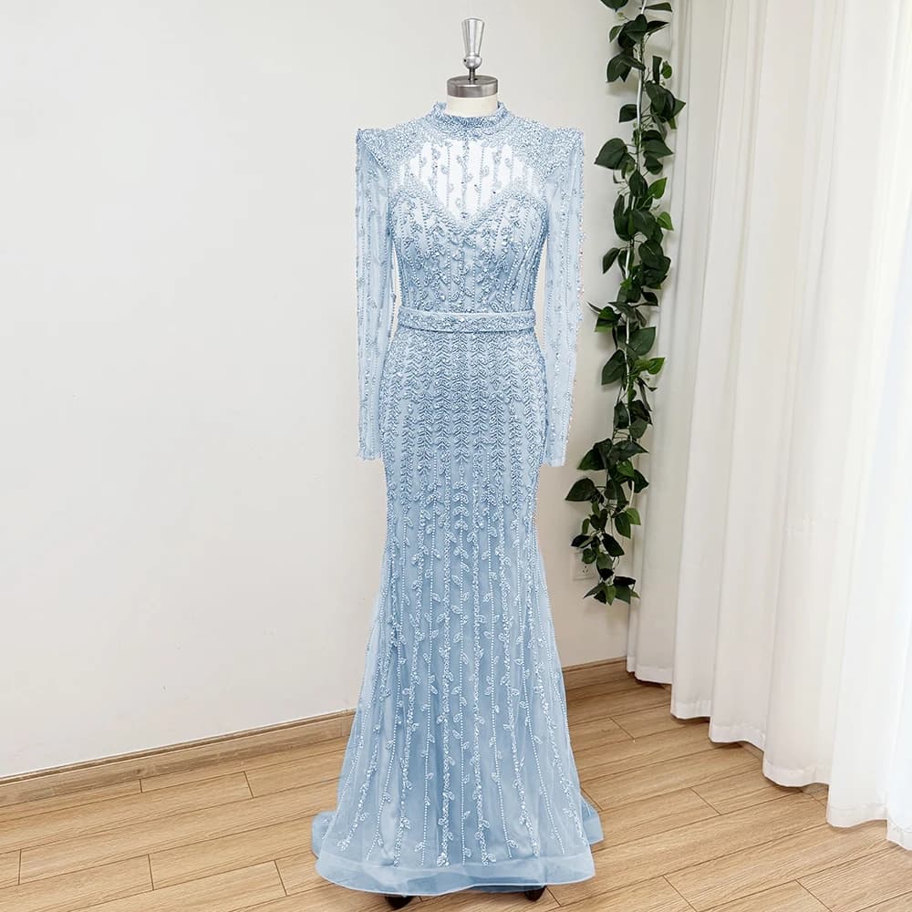 Robe de Soirée de Luxe Dubaï à Manches Longues pour Femme 2026 – Élégante Robe Sirène à Col Montant 