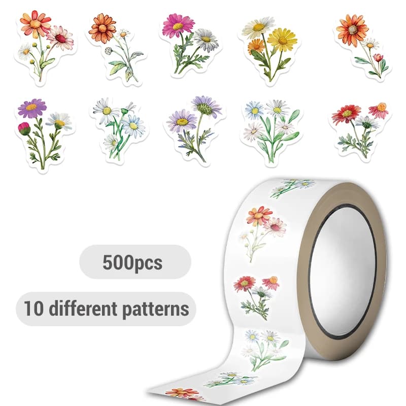 Rouleau d'autocollants marguerite, 500 pièces, fleurs mignonnes, autocollants en rouleau de fleurs r