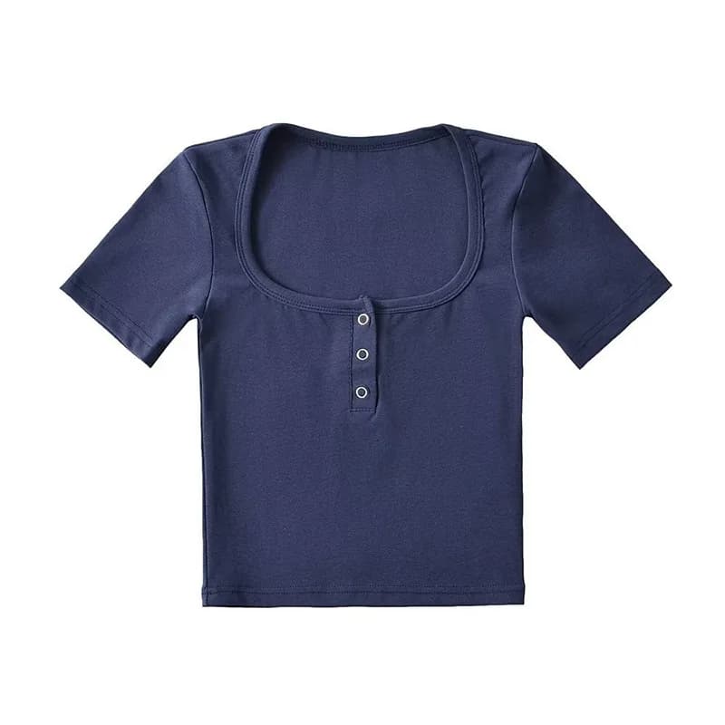 T-shirt court à manches courtes pour femmes, avec boutons sur le devant