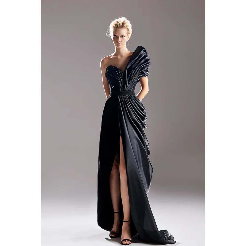 Robe de soirée noire, asymétrique épaule dénudée, ligne A, plissée, fente sur les cuisses, robes de 