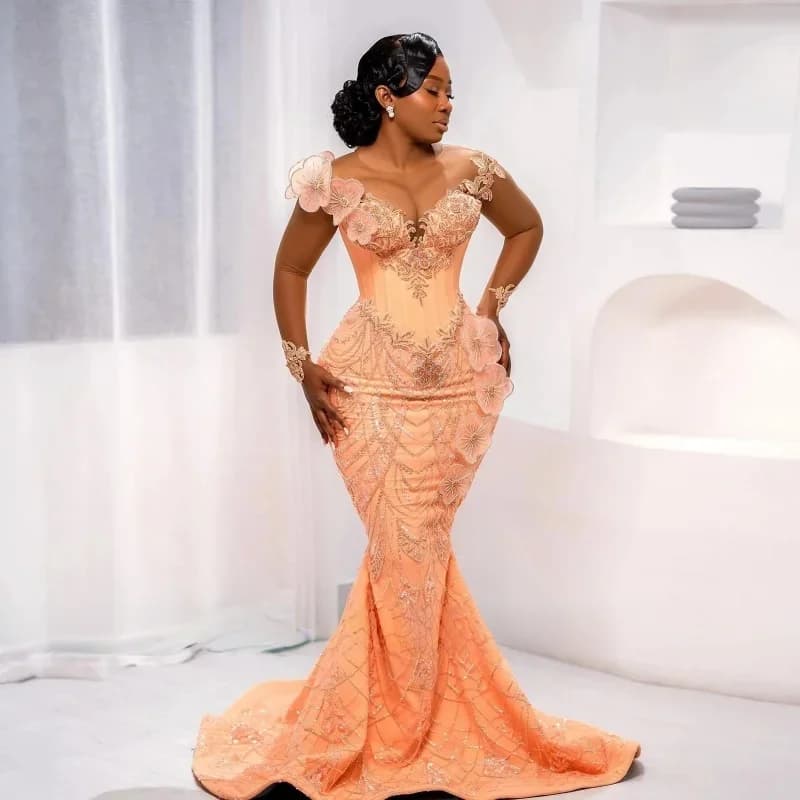 Robes de bal longues à fleurs pour filles noires, style sirène, transparentes, perlées, robes de soi