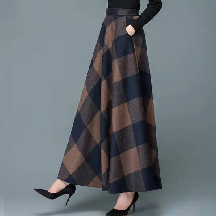 Jupe trapèze longue mi-longue en laine à carreaux taille haute pour femme, grande taille, mode autom
