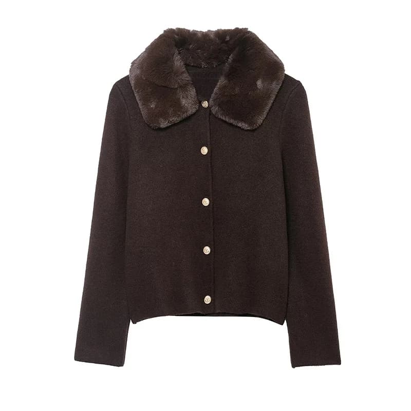 Veste femme 2025 automne nouveau Style marron foncé à manches longues col en fausse fourrure tricot 