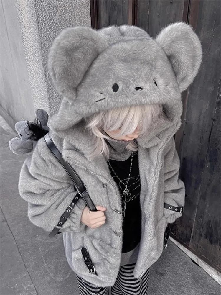Manteau en fourrure d'agneau à capuche avec oreilles de souris, vêtements d'automne et d'hiver, vête