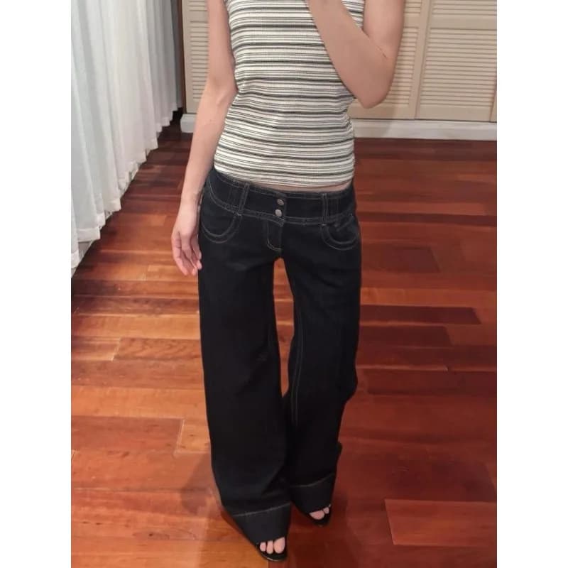 Jean rétro américain taille basse à jambes larges pour femmes, pantalon ample drapé, grande longueur