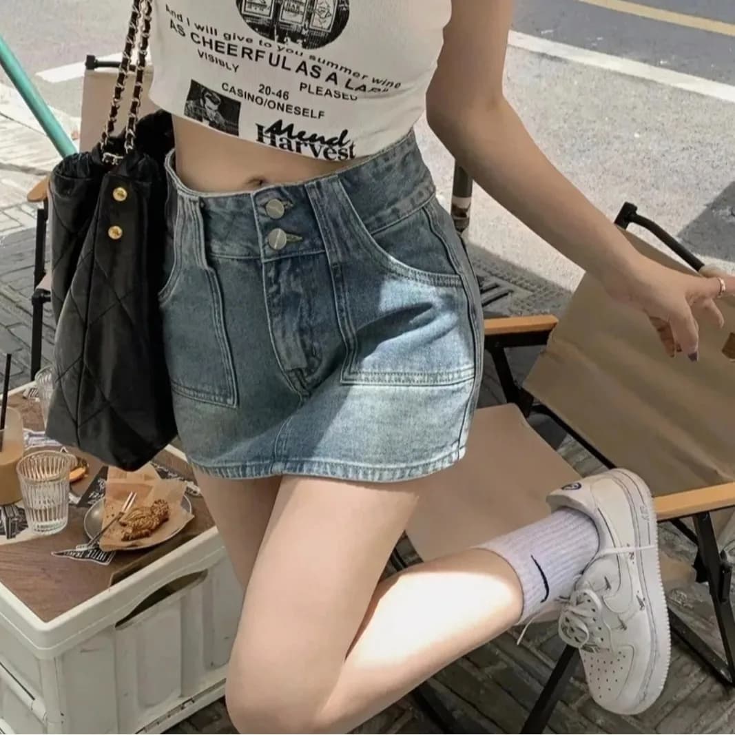 Jupe en jean pour femme, mini-jupe trapèze, taille haute, coupe ajustée, avec doublure intégrée, sty