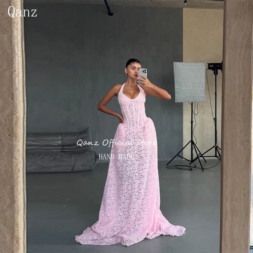Qanz rose pleine dentelle Appliques Robes De Soirée élégant longue Train Pageant robe pour les femme