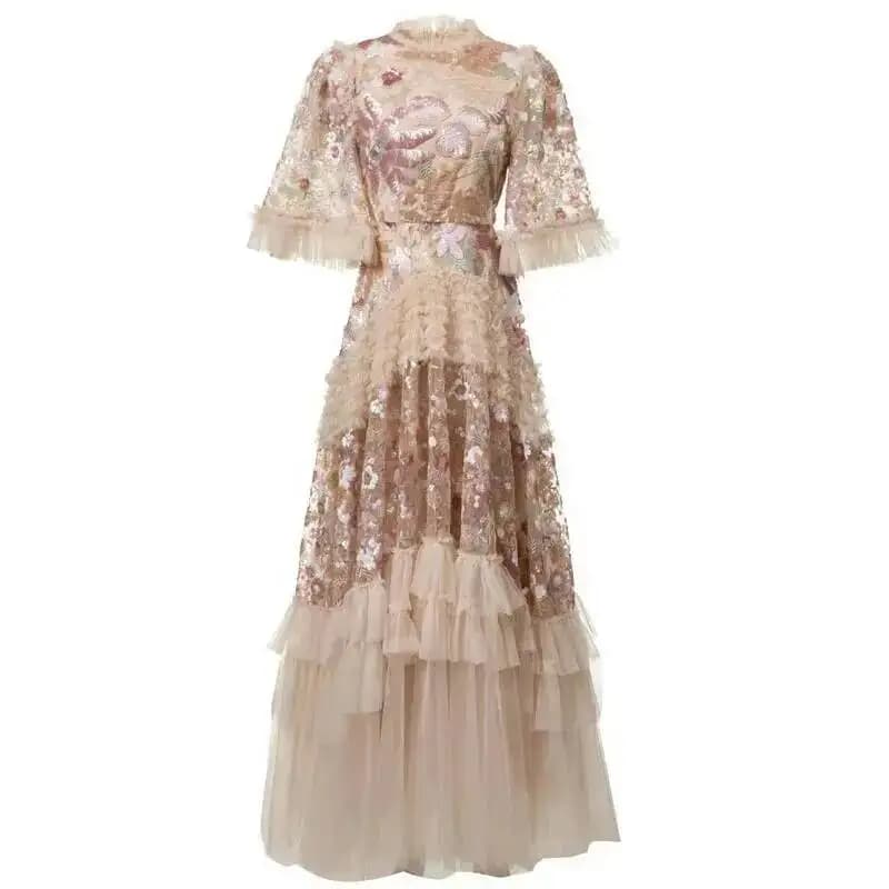 QMQA mode femmes robe élégante broderie paillettes manches évasées à volants bouffantes robes de gât
