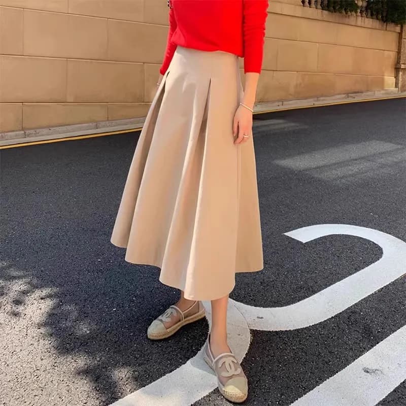 Hepburn-Jupe plissée taille haute pour femme, jupe parapluie Swing, petit bouton, style haut de gamm