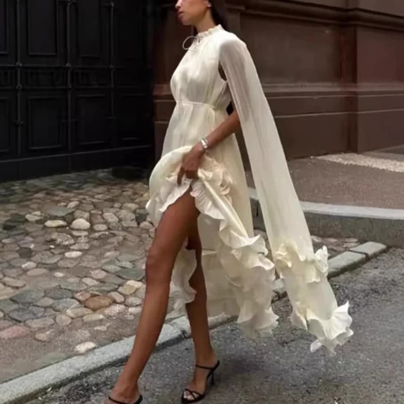 Robe longue élégante pour femme, style châle, avec un châle en gaze fine et une jupe à ourlet cascad