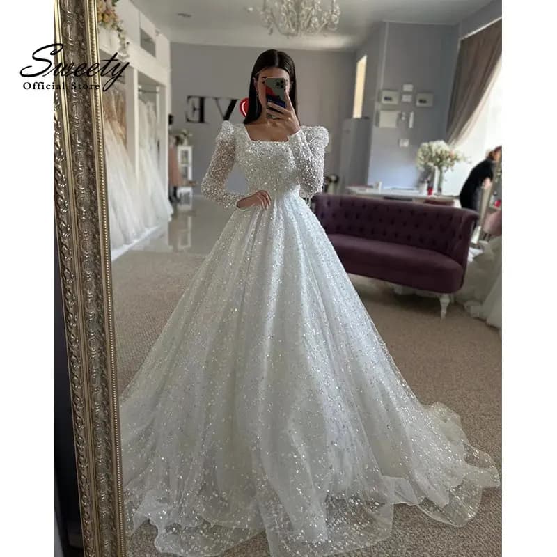 Robe de mariée luxueuse avec perles, robe de Rhprincesse A-ligne, col carré, manches longues, mariée