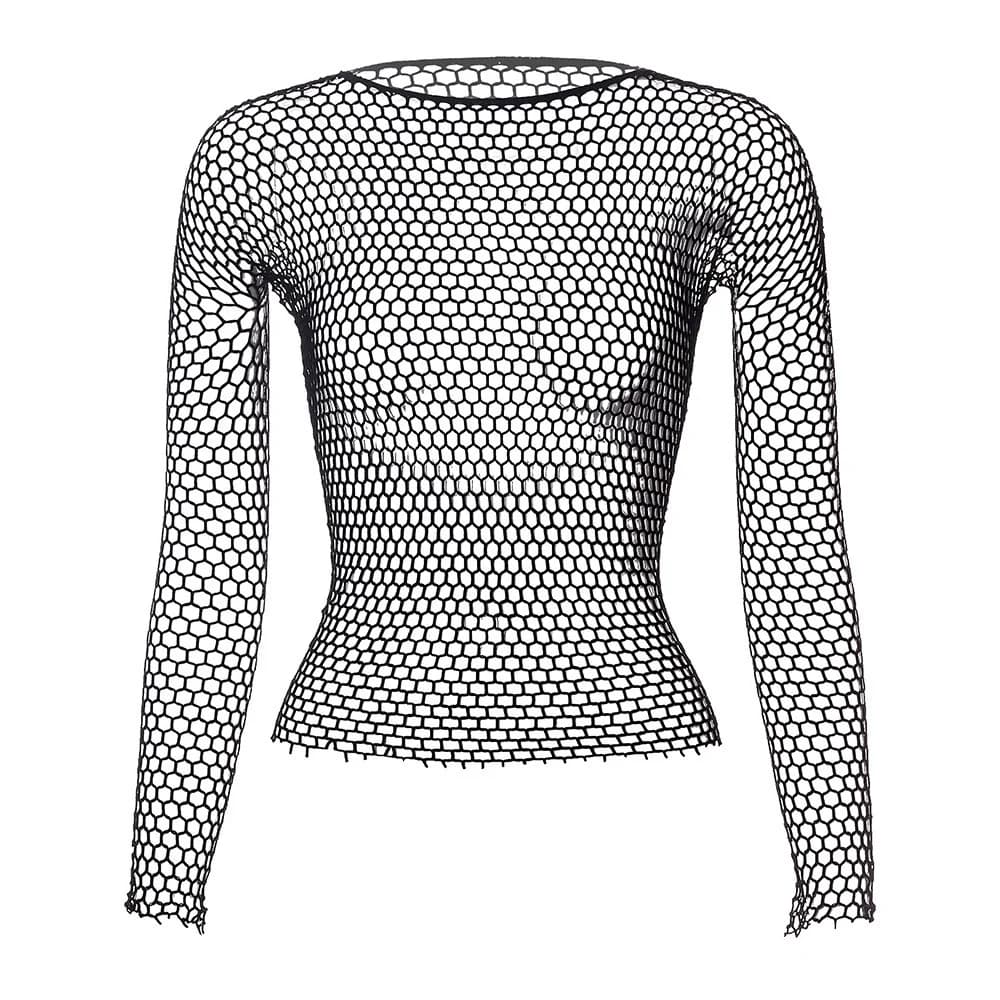 T-shirts courts en maille sexy pour hommes et femmes, à manches longues, ajourés, en résille, doux, 
