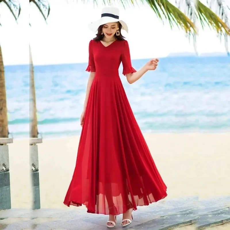 Femmes nouveau col en v jupe longue florale femme 2025 été élégant vacances Cool sentiment en mousse