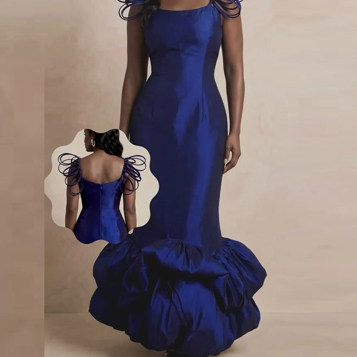 Robe de soirée sirène bleu marine, col carré, ourlet à volants, robe de cérémonie avec bretelles déc