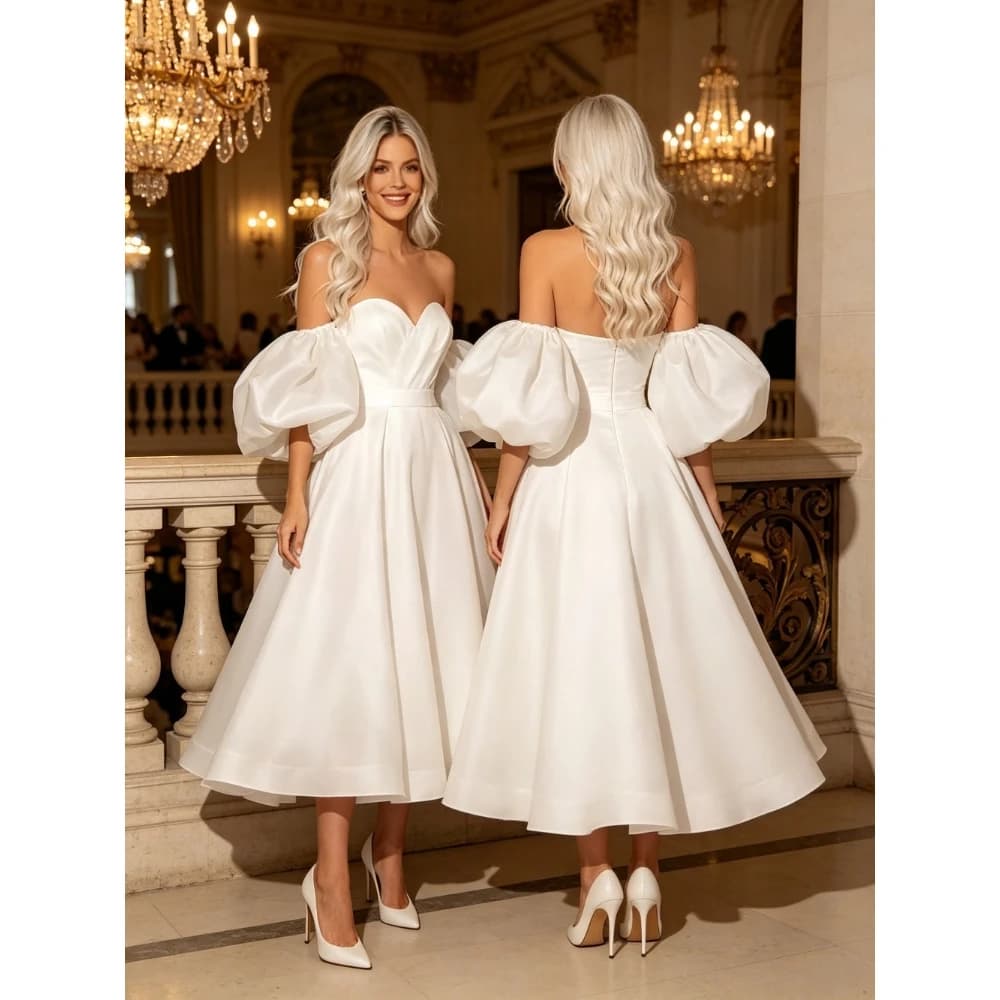Robe de mariée longue en satin à épaules dénudées et manches bouffantes personnalisée, idéale pour l