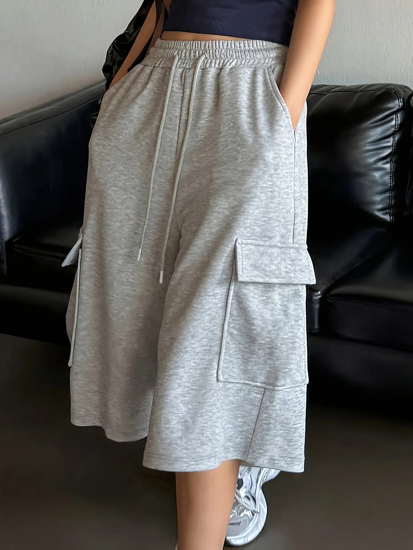 Shorts longs décontractés pour femmes, taille haute, coupe droite, jambes larges, mi-longs, gris, co