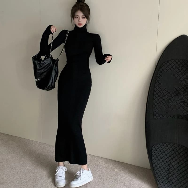 Robe tricotée à manches longues pour femmes, nouvelle mode, Sexy, Slim, chaude, col roulé, noire, lo