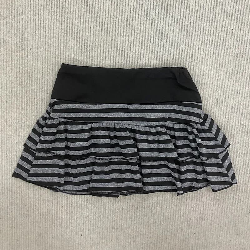 Mini jupe à volants rayée noire et grise, vêtements pour femmes Y2K Grunge, taille haute, taille éla