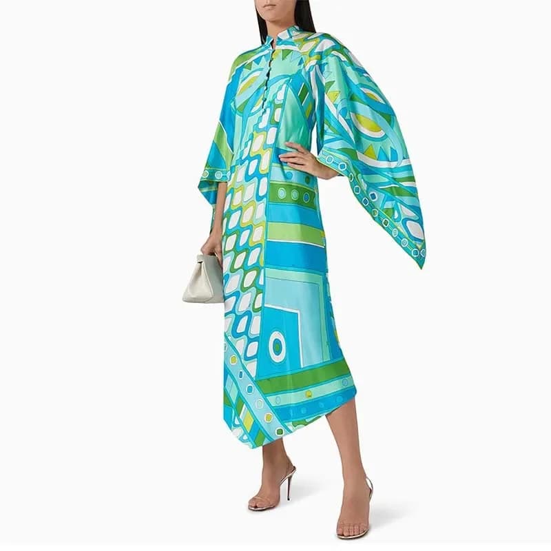 Robe de soirée ample et évasée, manches longues, boutons élégants, col montant, robe de trajet, vaca