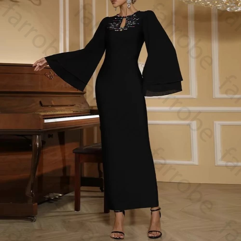 Robe de soirée élégante, col rond, manches longues, moulante, célébrité, exquise, haute qualité, Sex
